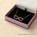 Infinity name necklace presented in elegant jewelry gift box packaging
