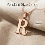 Initial Necklace size guide showing pendant dimensions and chain length details