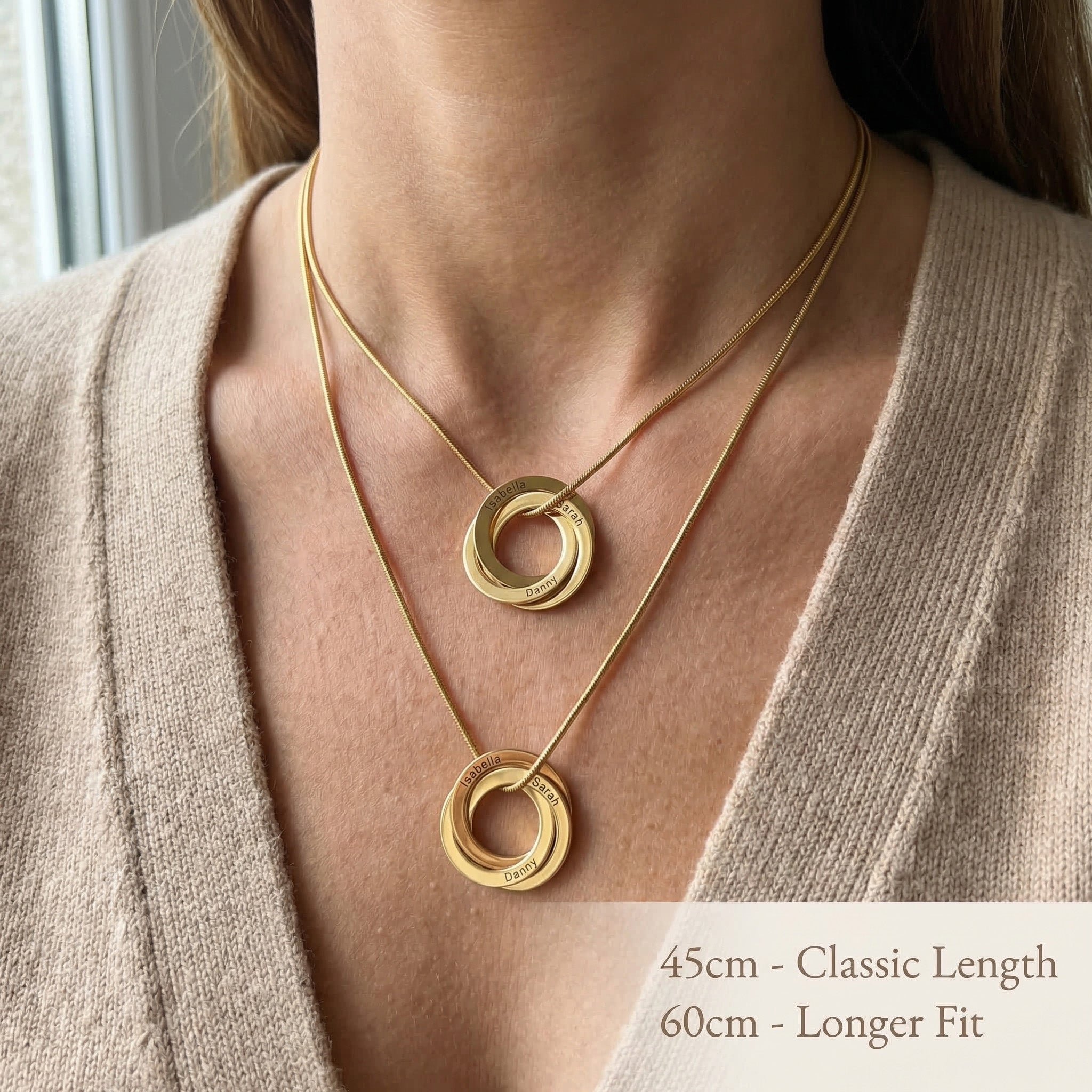 Interlinked Love Ring Necklace worn showing chain length options for personalised jewellery styling
