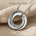 Interlinked Love Ring Necklace size guide showing ring dimensions and chain length details