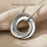 Interlinked Love Ring Necklace size guide showing ring dimensions and chain length details