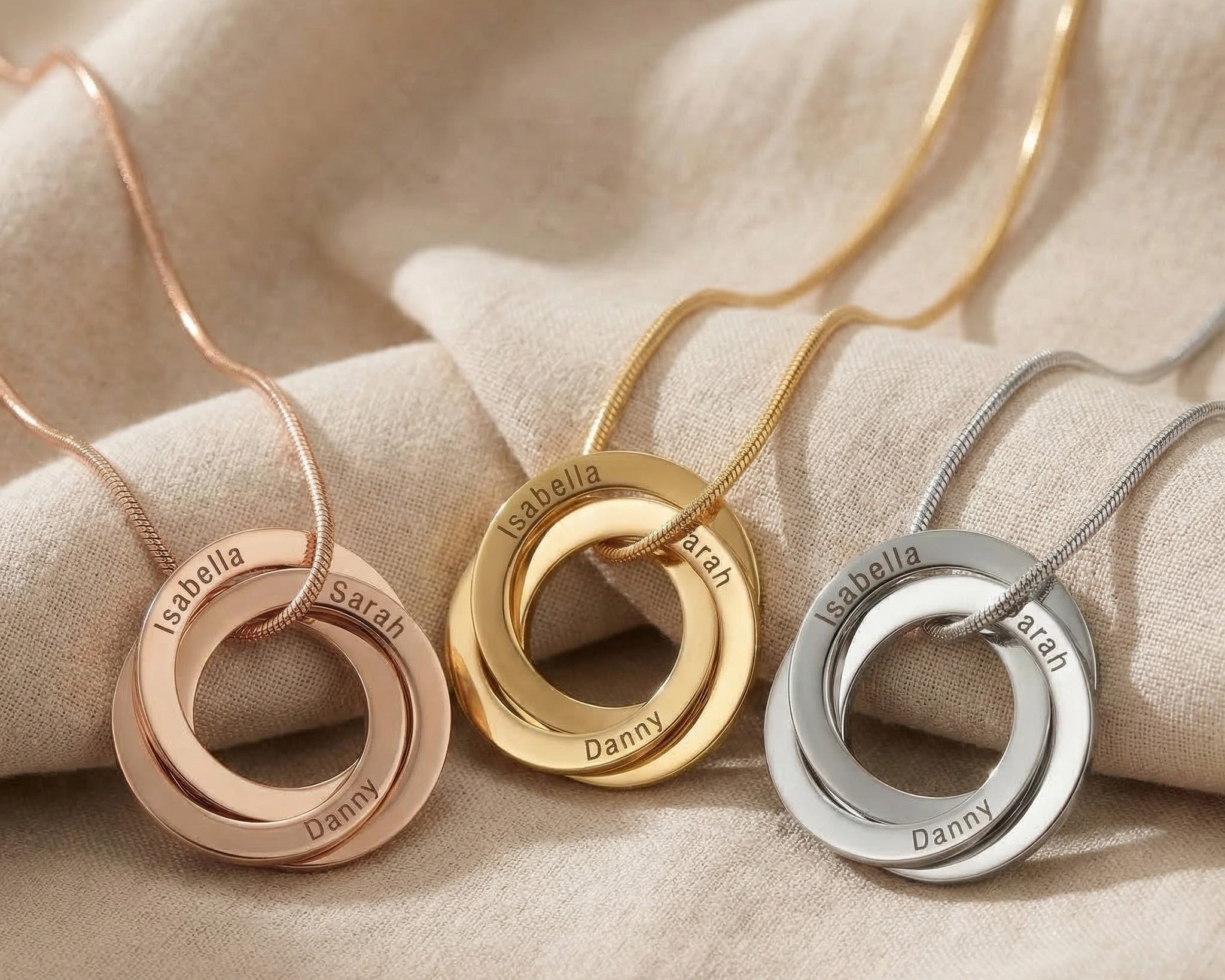 Interlinked Love Ring Necklace tone comparison showing gold, silver and rose gold finish