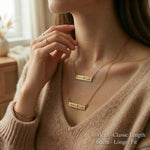 Jess Bar Necklace worn showing chain length options for personalised name jewellery styling