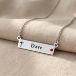 Jess Bar Necklace engraving options showing custom names, cross symbols and birthstone 