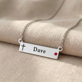 Jess Bar Necklace engraving options showing custom names, cross symbols and birthstone 