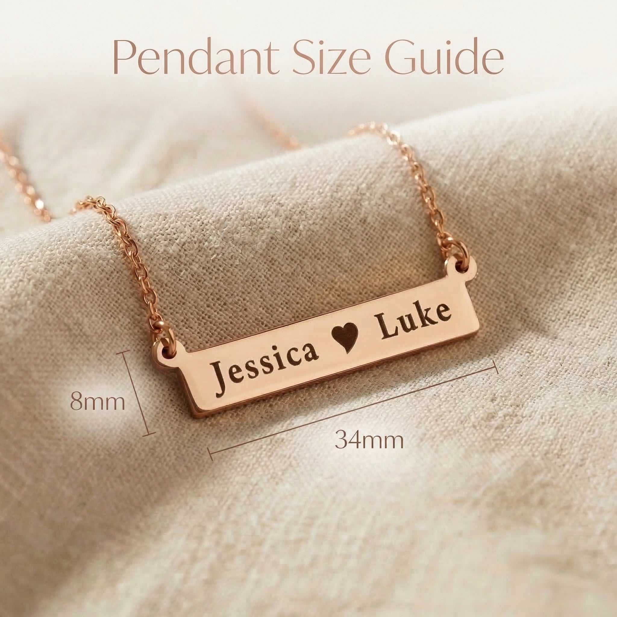 Jess Bar Necklace size guide showing bar pendant dimensions and chain length details