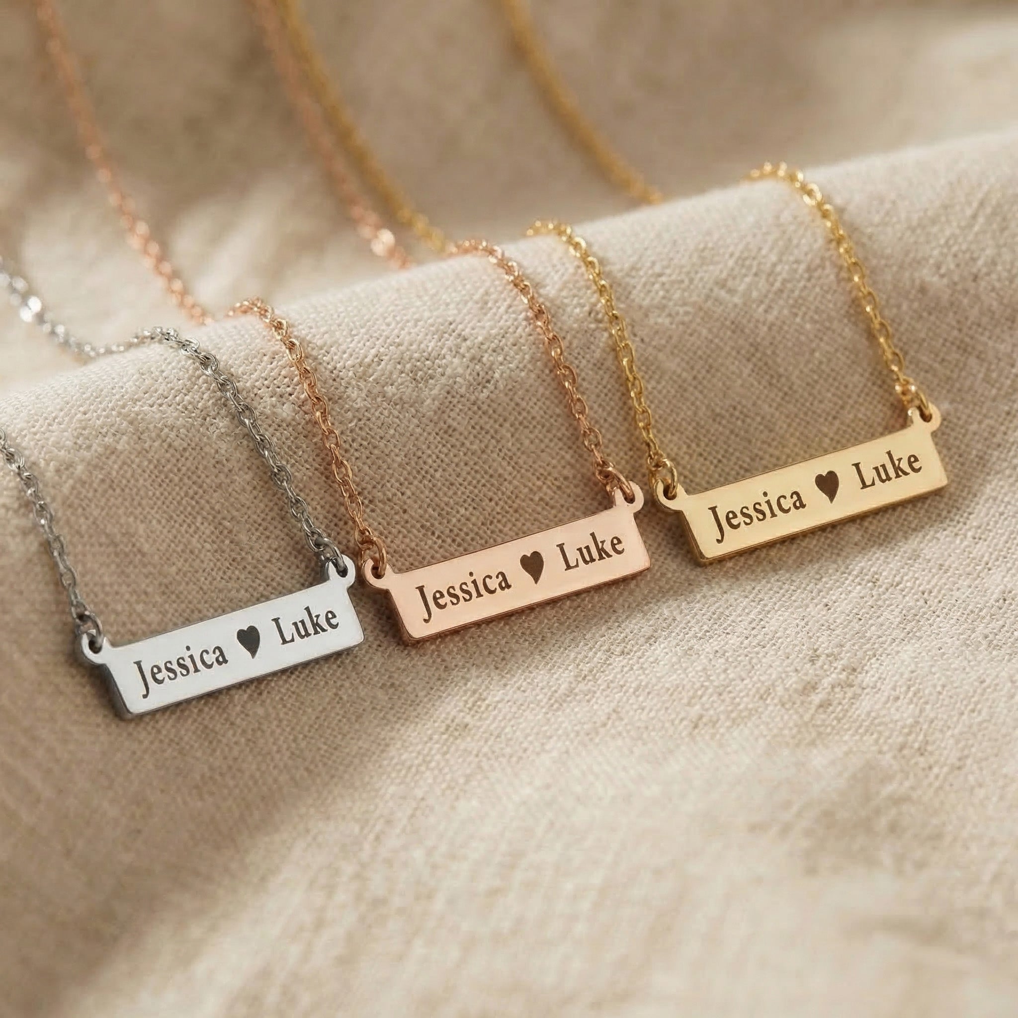 Jess Bar Necklace tone comparison showing gold, silver and rose gold personalised name bar necklaces