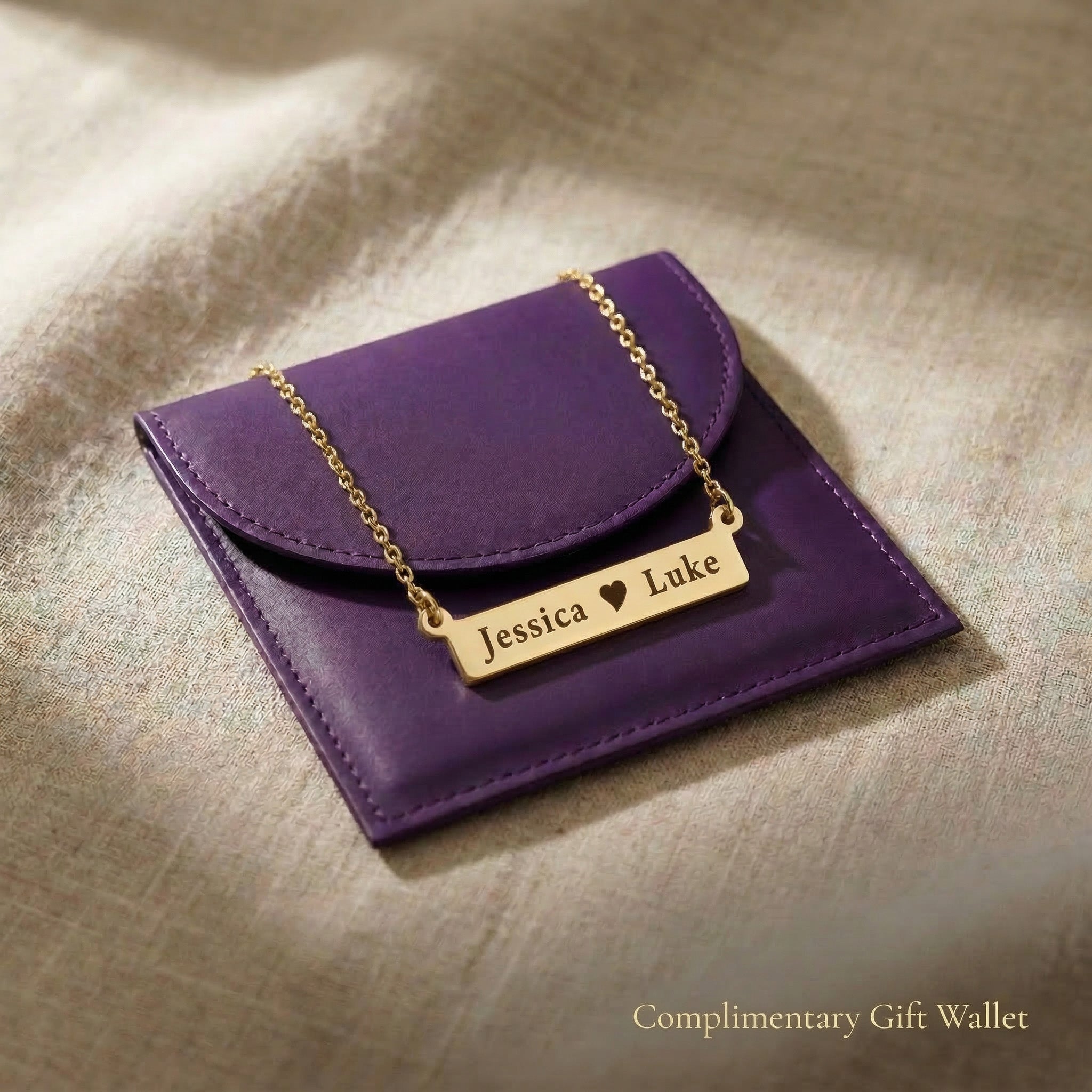 Jess Bar Necklace displayed with gift wallet packaging, personalised name bar jewellery gift option