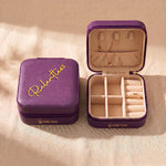 Open jewellery case with ring, necklace and earring storage compartments, compact travel organiser for jewellery