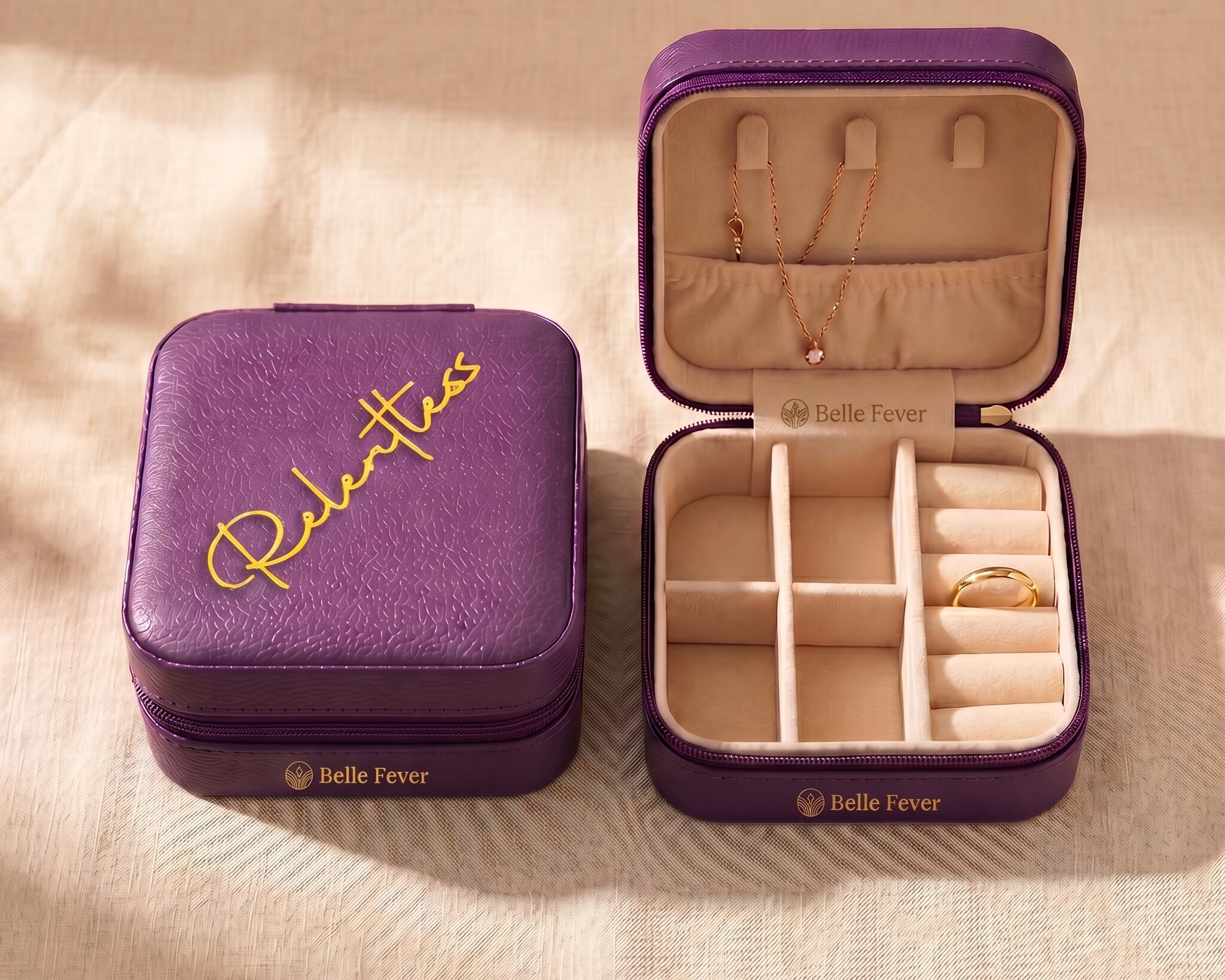 Open jewellery case with ring, necklace and earring storage compartments, compact travel organiser for jewellery
