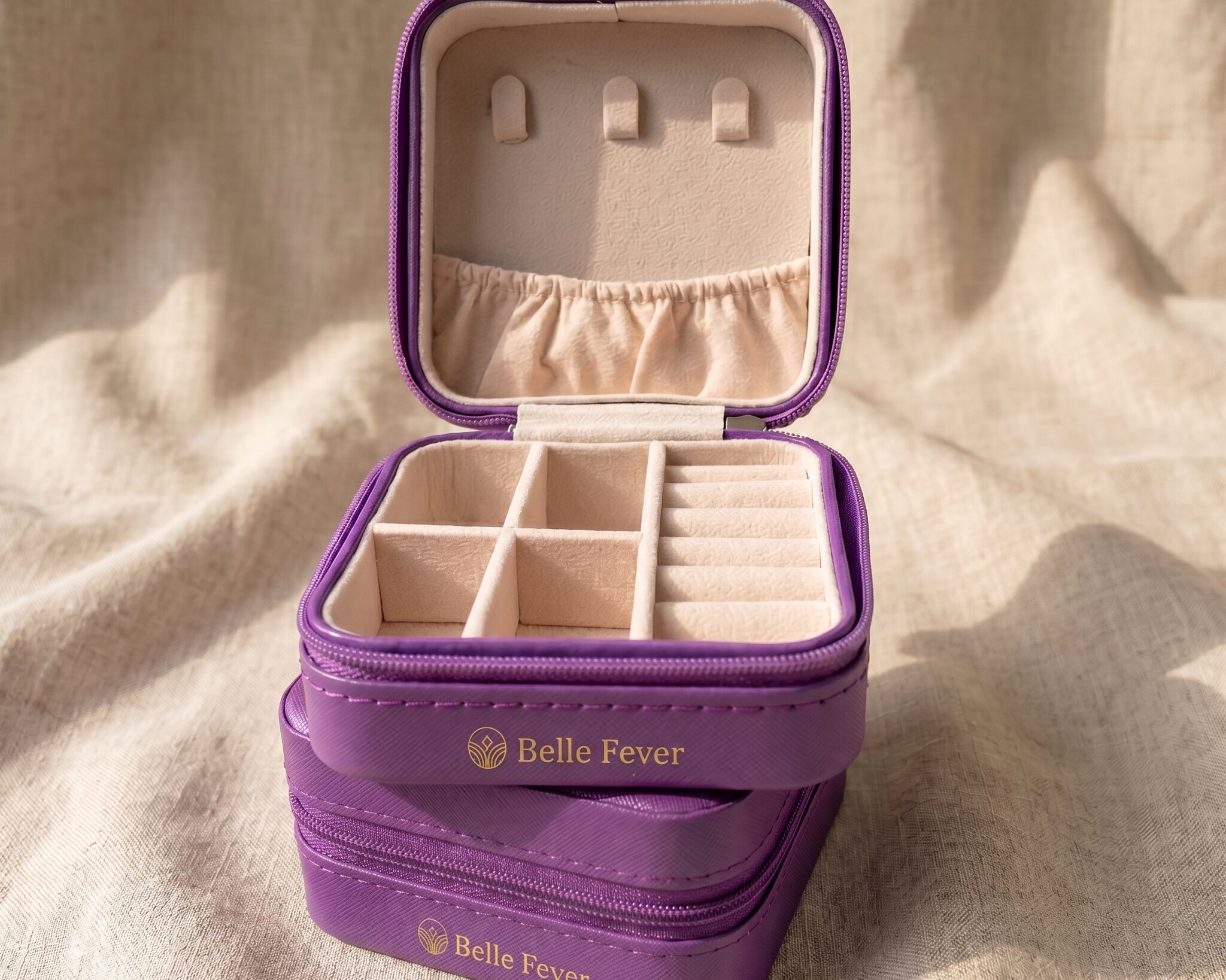 Personalised jewellery case in purple with organised compartments, elegant travel jewellery organiser gift
