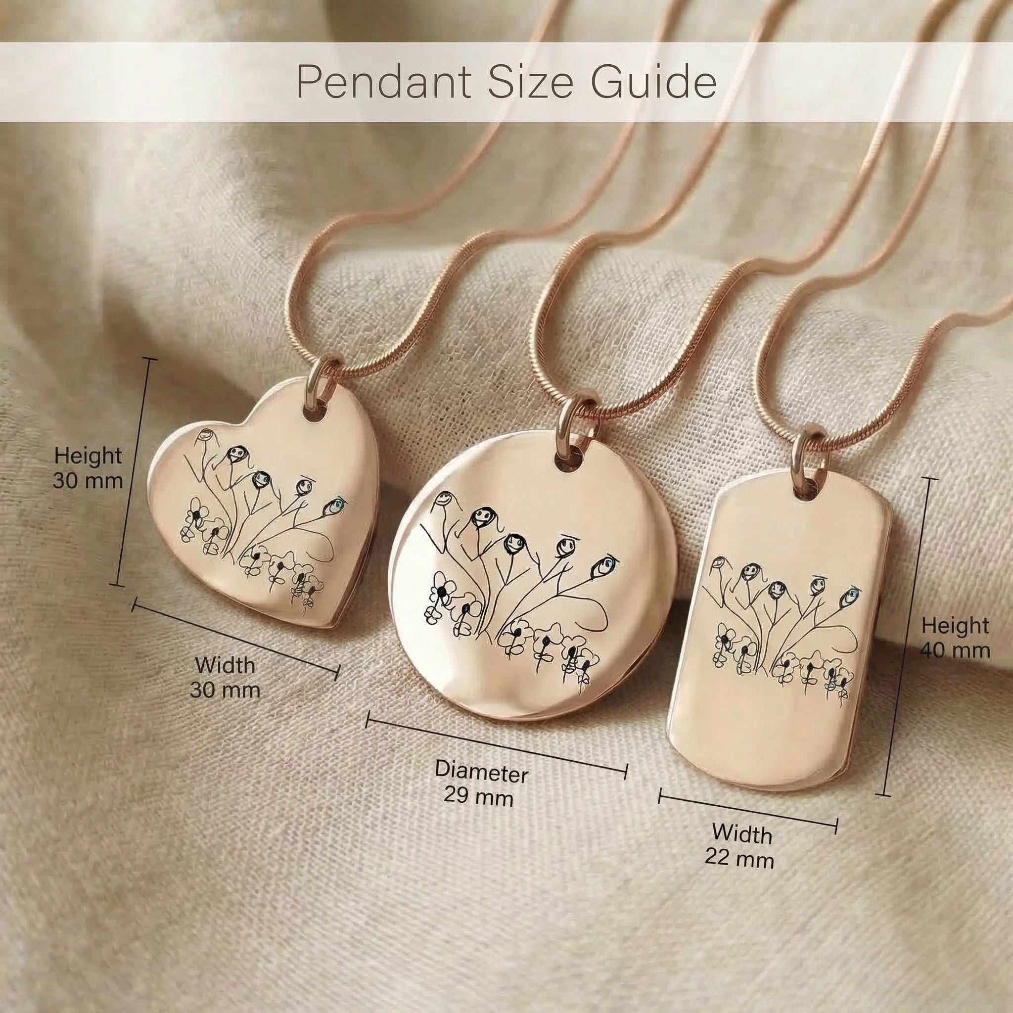 Pendant size guide for kids drawing necklace showing engraved pendant dimensions