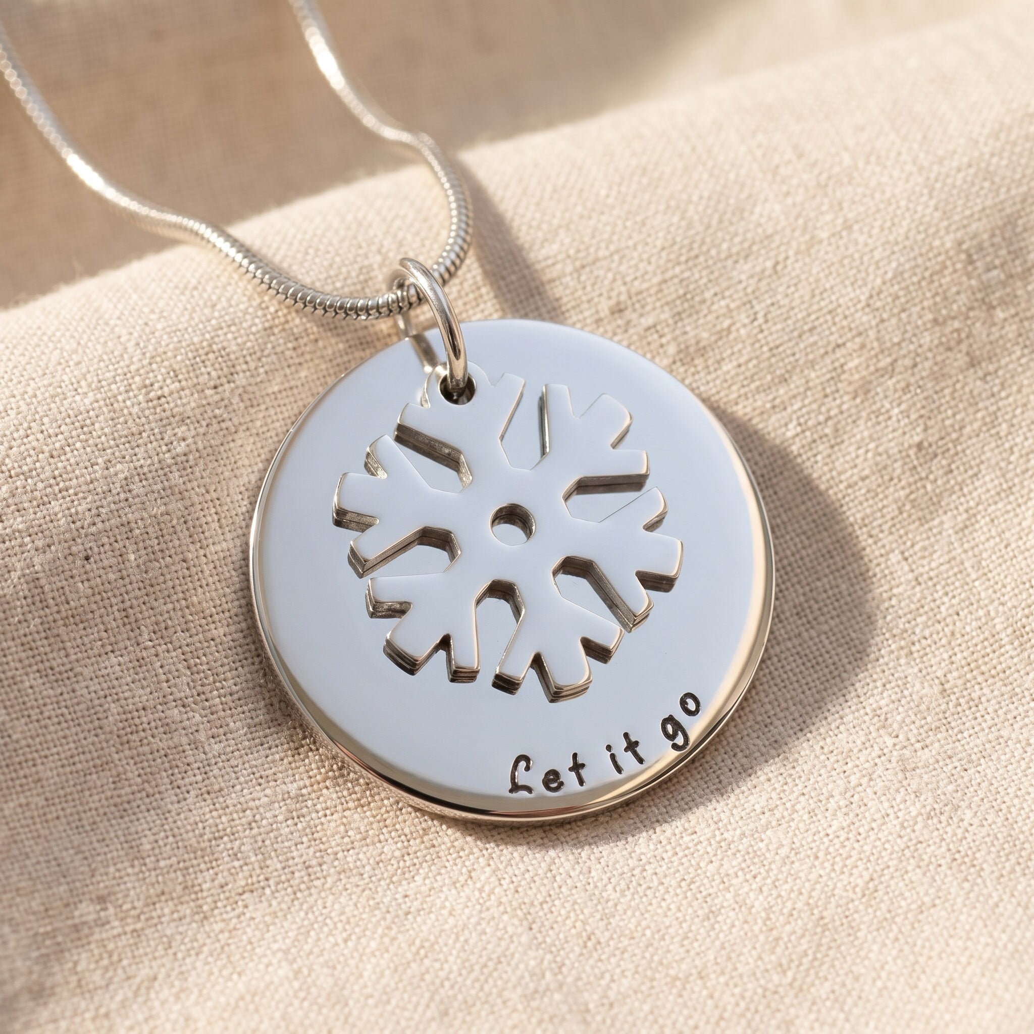 Let it go necklace in silver with snowflake charm, meaningful holiday gift for her