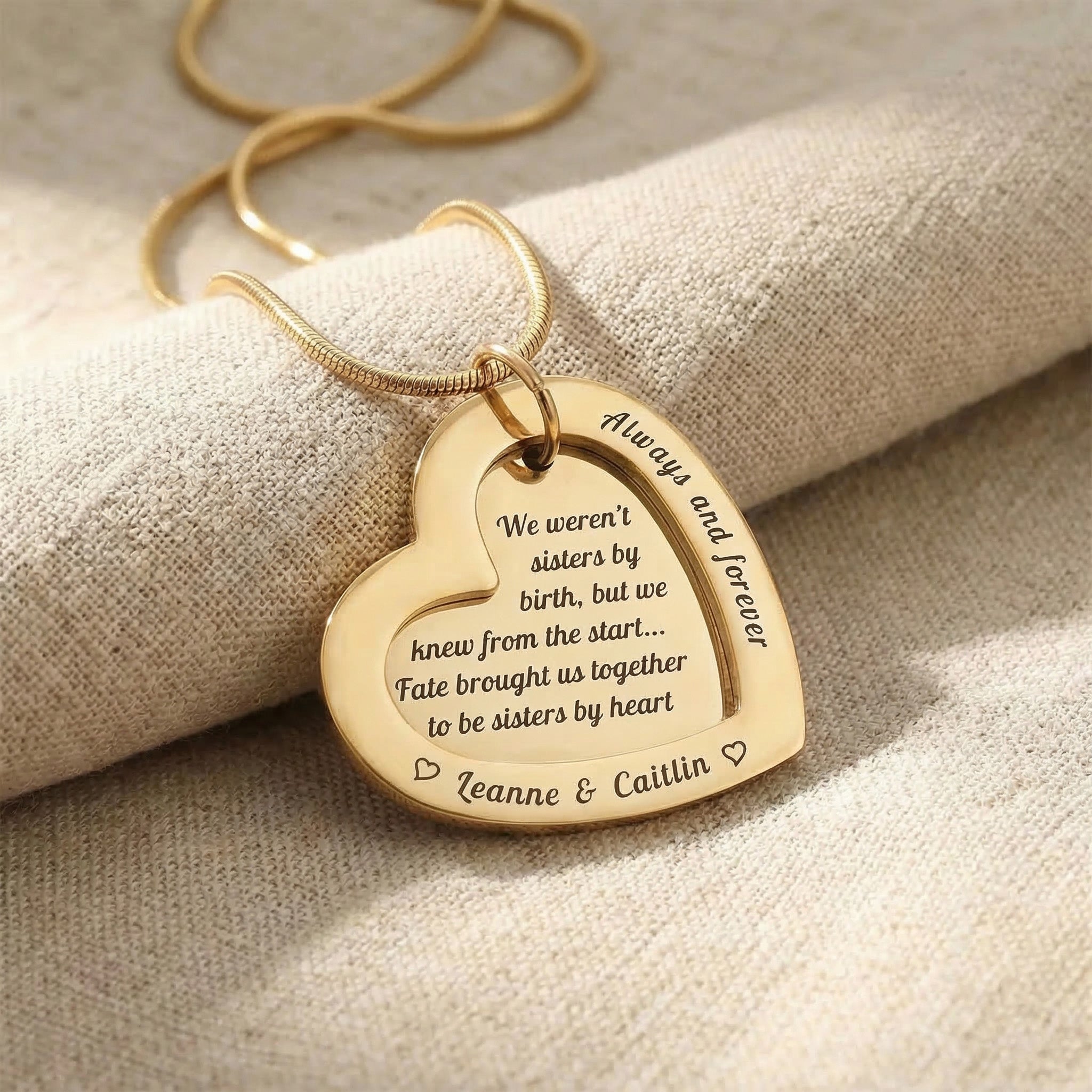 Love Forever Necklace in gold with engraved heart pendant, personalised jewellery hero image