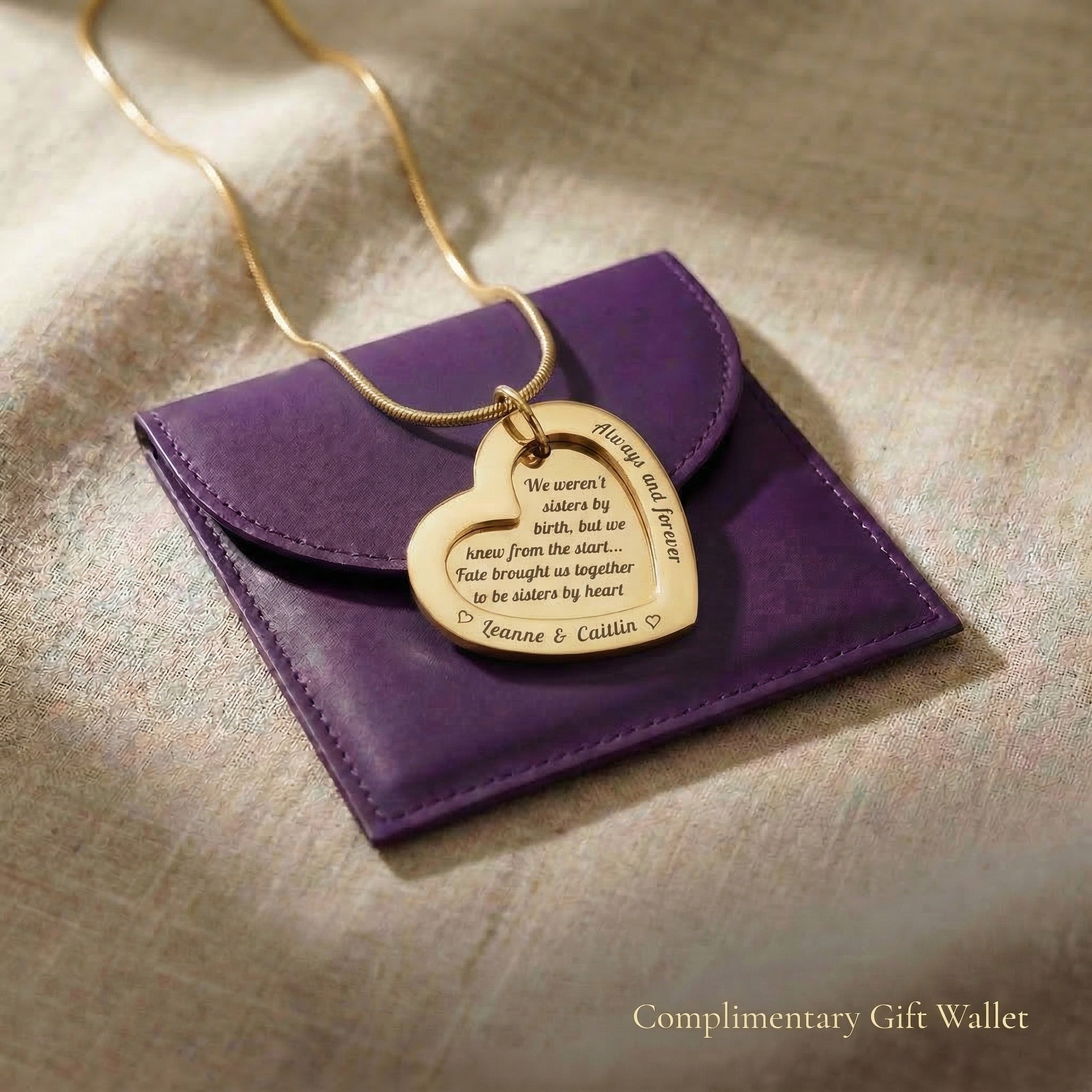 Love Forever Necklace displayed with gift wallet packaging, personalised heart pendant jewellery gift