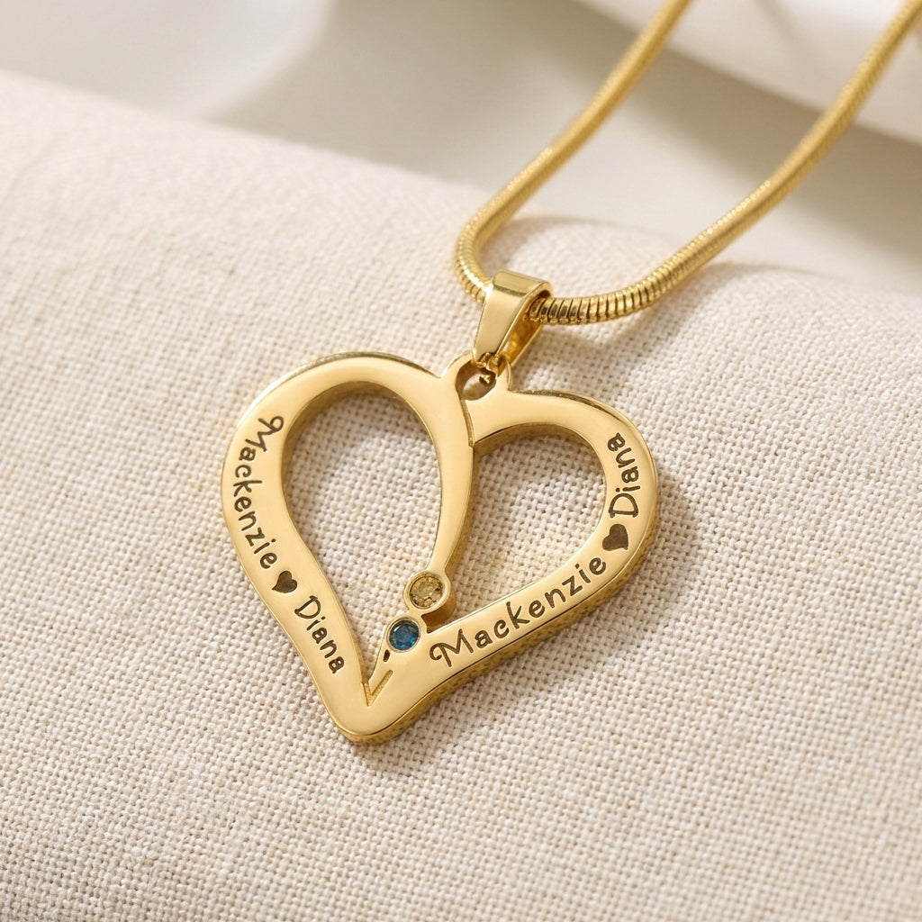 Personalized love heart necklace with engraved name and birthstones, elegant everyday jewelry by belle fever