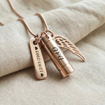 Memory Cremation Necklace in rose gold with engraved bar pendant, memorial jewellery piece