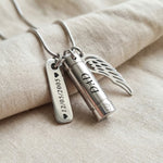 Memory Cremation Necklace in silver with engraved bar pendant, memorial jewellery hero image