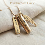 Memory Cremation Necklace size guide showing pendant dimensions and chain length details