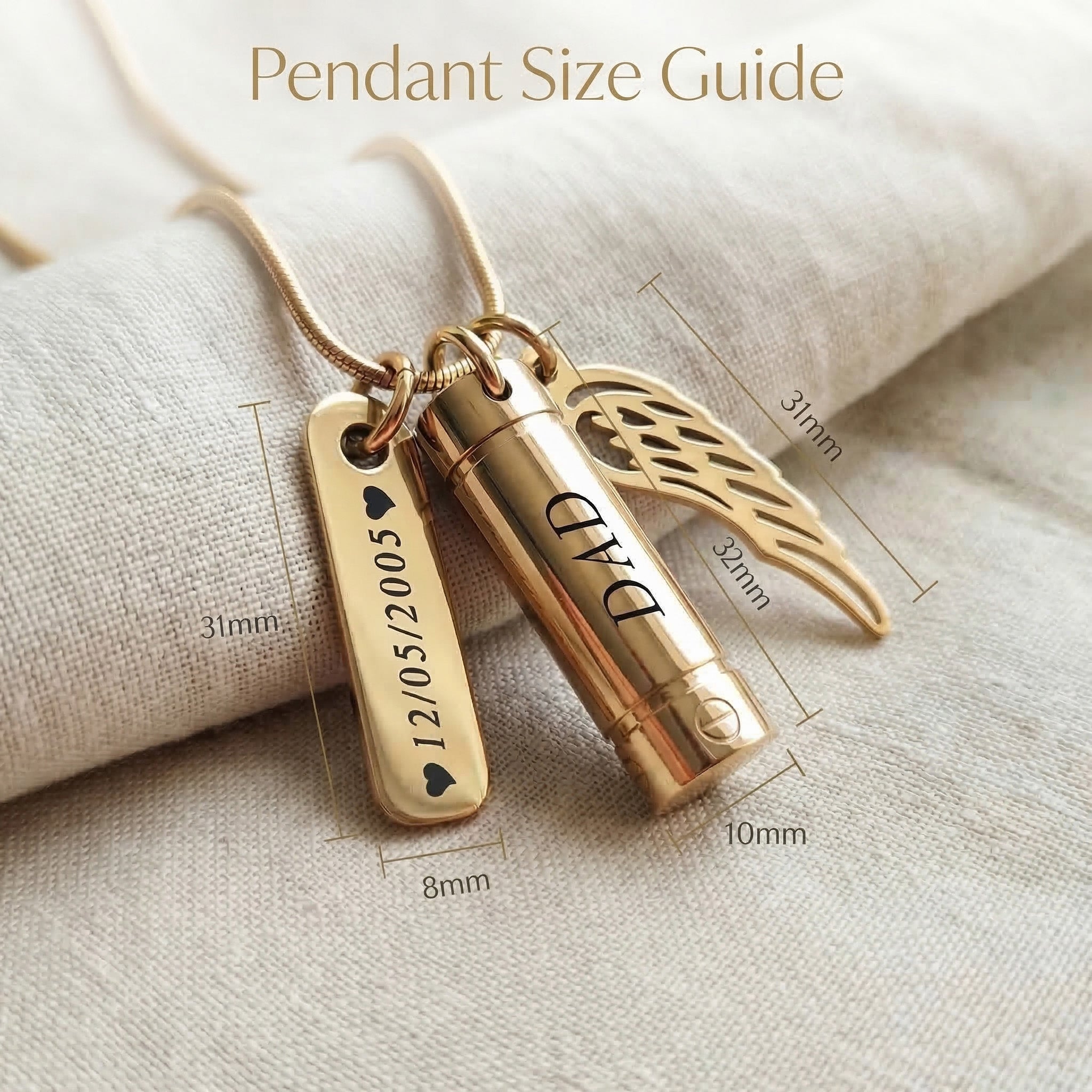 Memory Cremation Necklace size guide showing pendant dimensions and chain length details