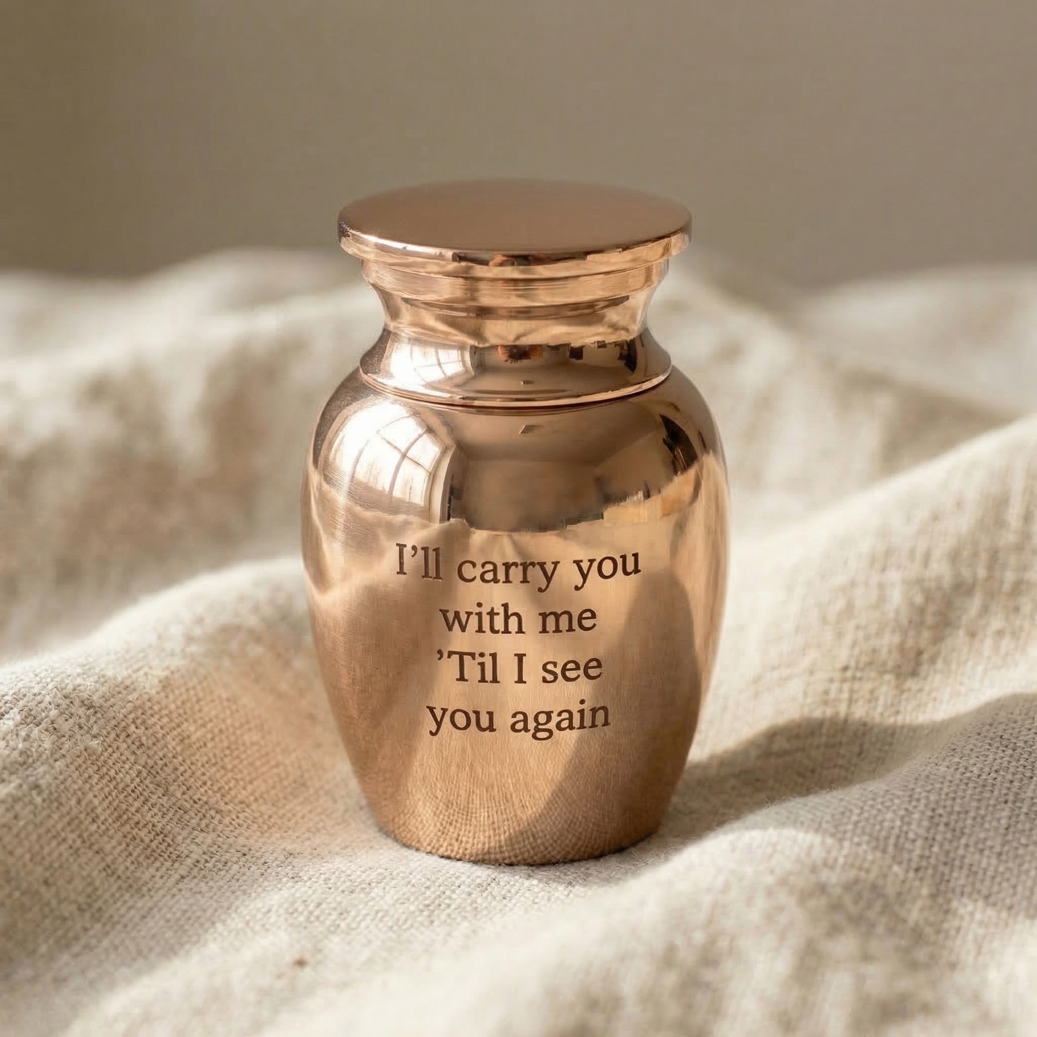 Mini Personalised Keepsake Urn in rose gold with engraved message, memorial keepsake