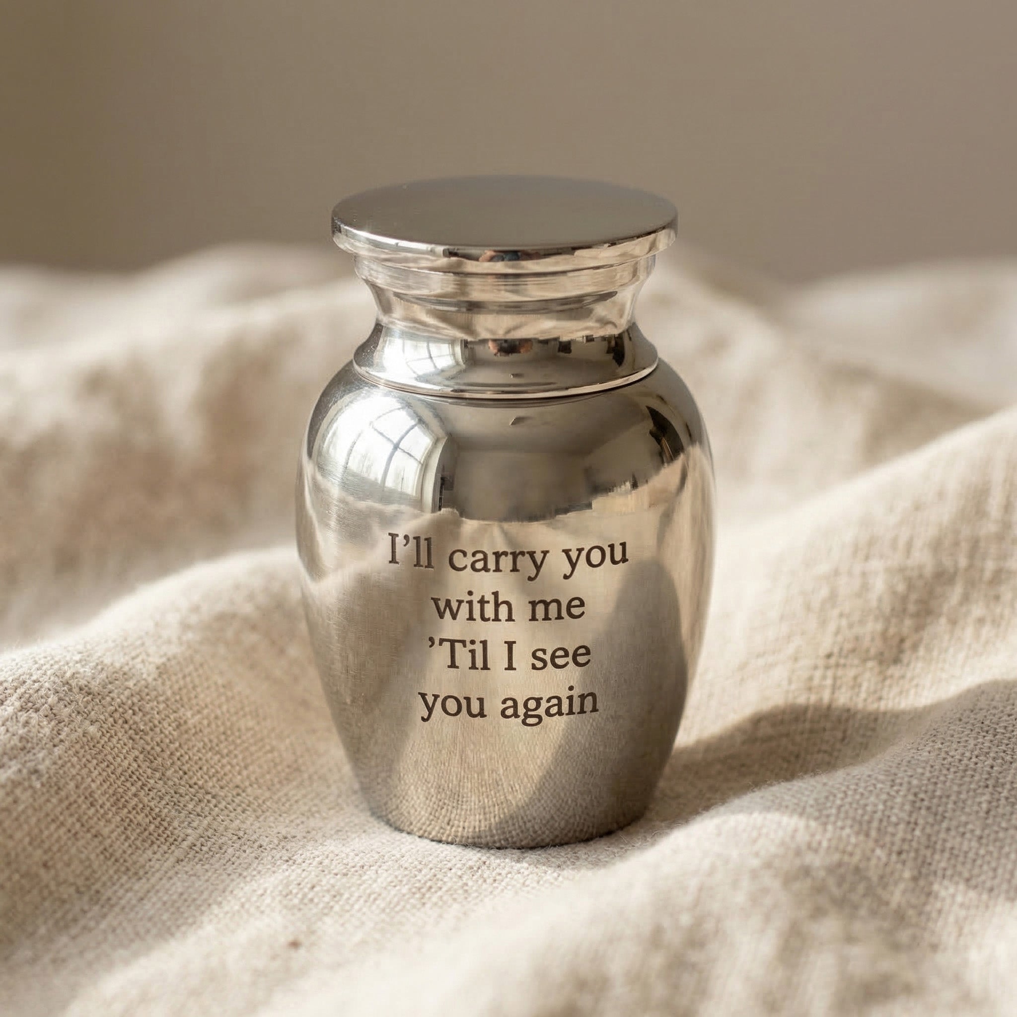 Mini Personalised Keepsake Urn in silver with engraved detail, memorial keepsake piece