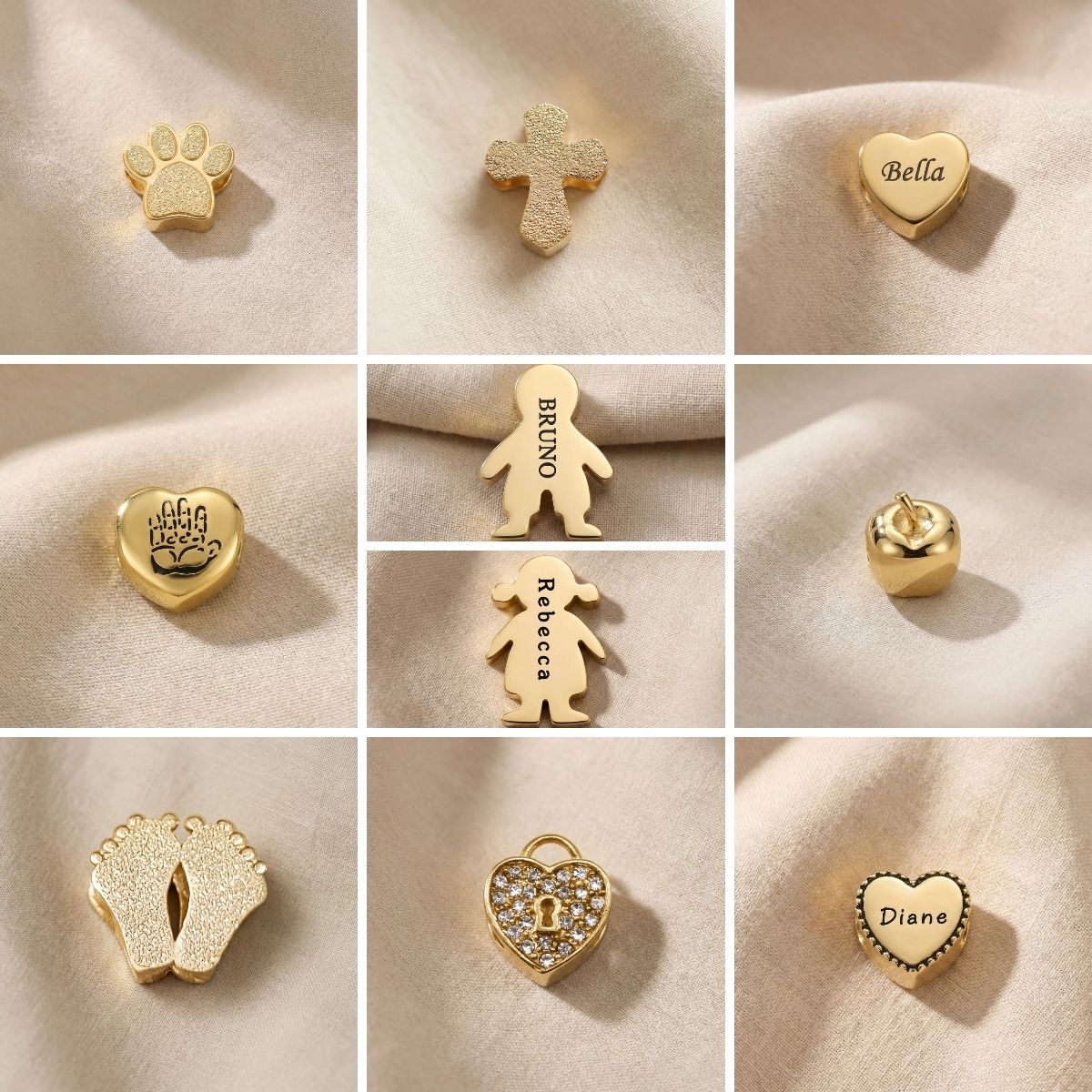 Moments charm bracelet showing selection of personalised charms and decorative inserts