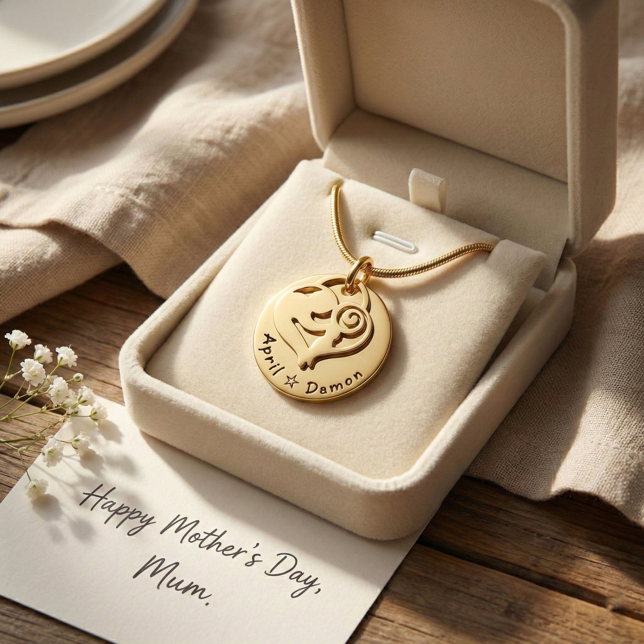 Belle Fever mother’s disc necklace in gift box, personalised mum jewellery, family name necklace, Mother’s Day gift, grandmother keepsake