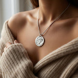 Belle Fever mother’s disc necklace close wearing, family name necklace, meaningful Mother’s Day keepsake gift