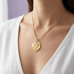 Belle Fever mother’s disc necklace gold wearing shot, family name necklace, Mother’s Day gift