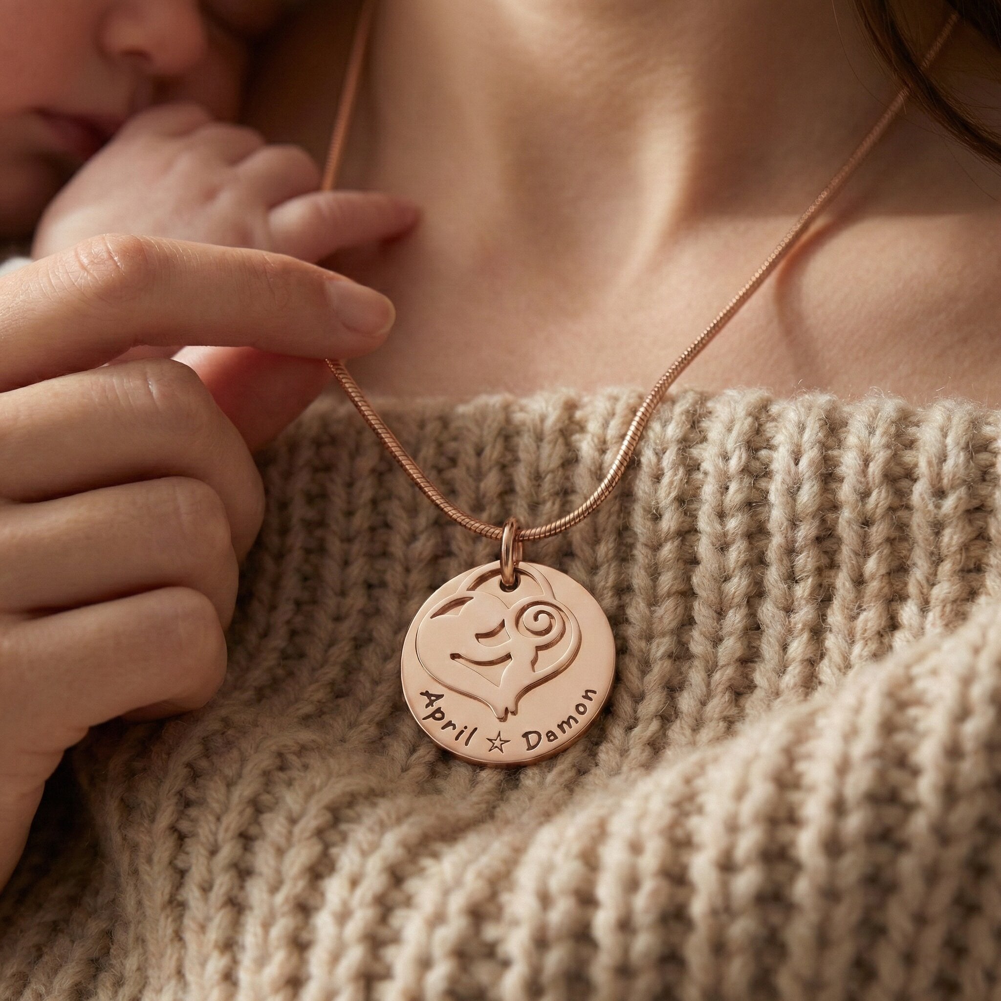 Belle Fever mother’s disc necklace close wearing, family name necklace, meaningful Mother’s Day keepsake gift