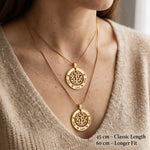 Chain length guide for My Family Tree necklace showing adjustable necklace length options