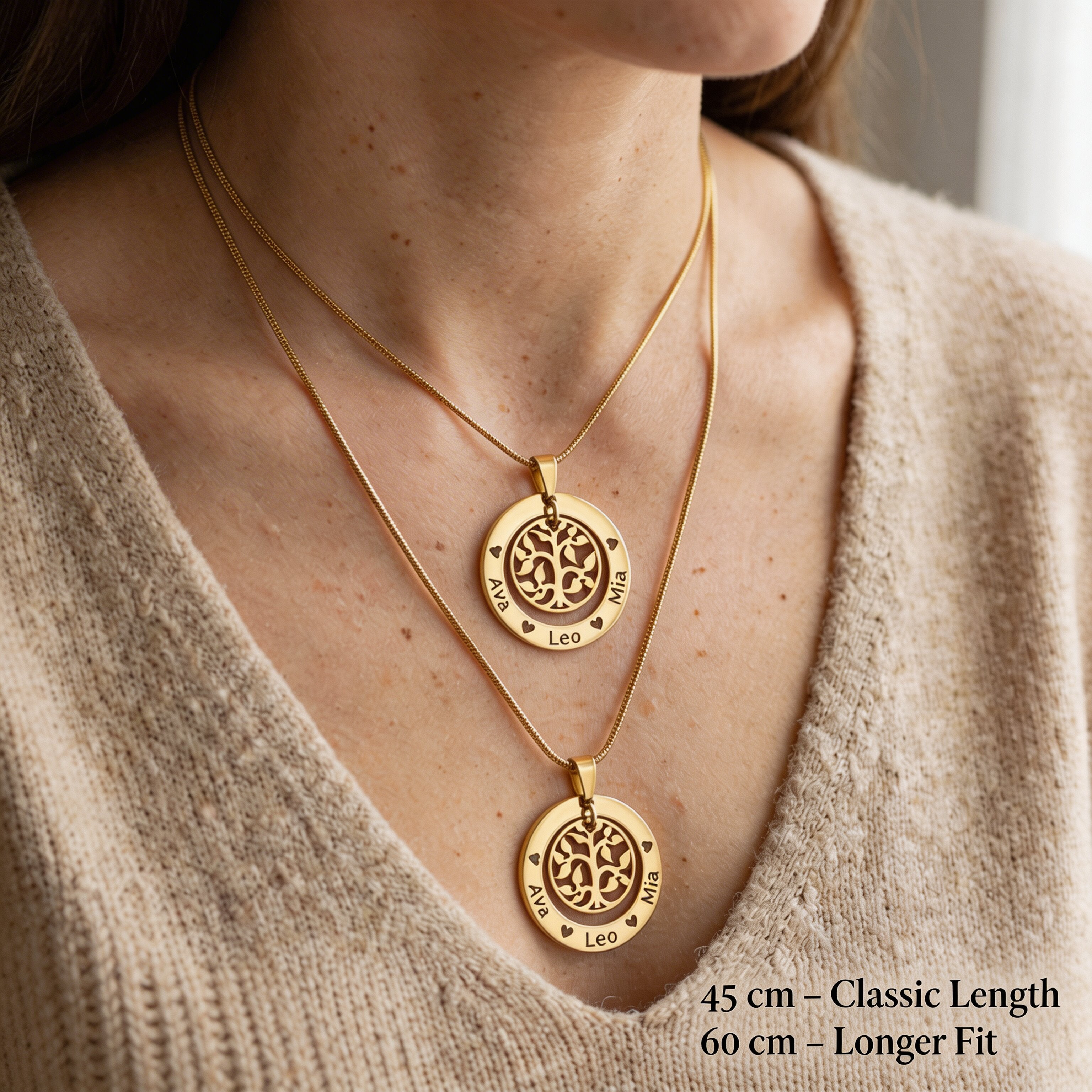 Chain length guide for My Family Tree necklace showing adjustable necklace length options