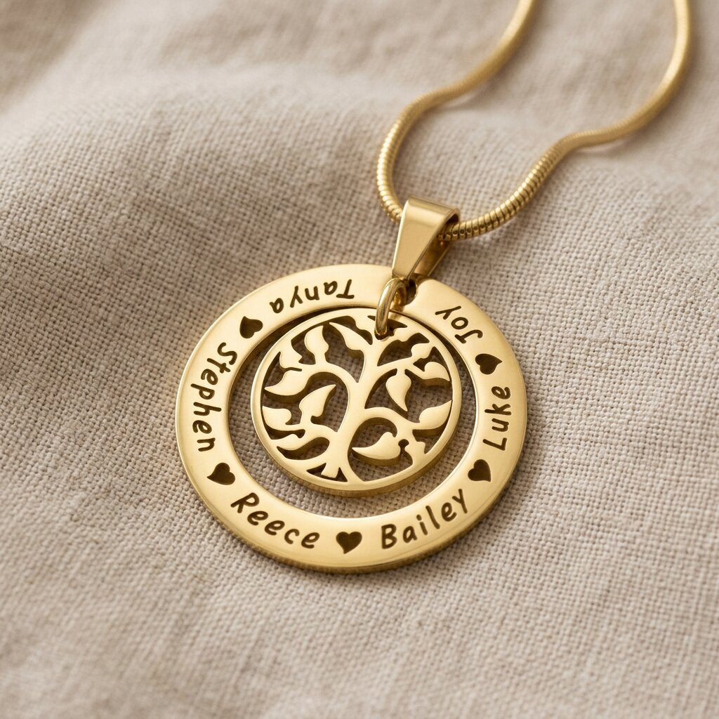 Gold My Family Tree necklace with circular tree of life pendant displayed on neutral background