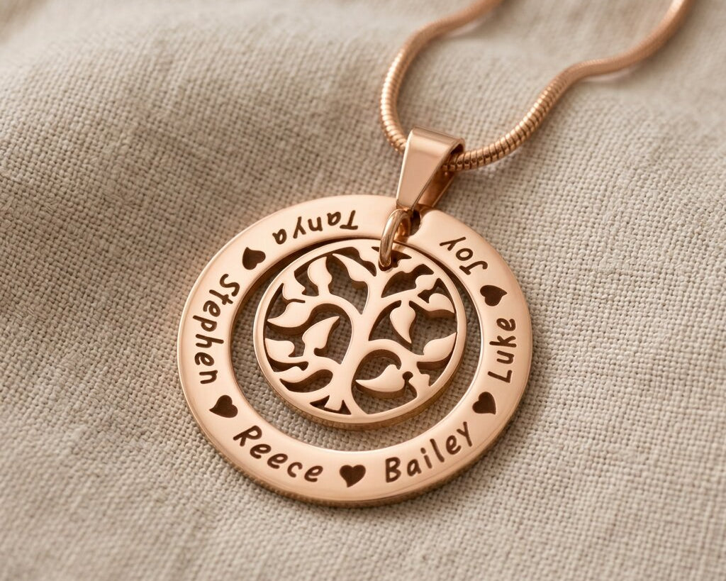 Rose gold My Family Tree necklace with circular tree of life pendant designons