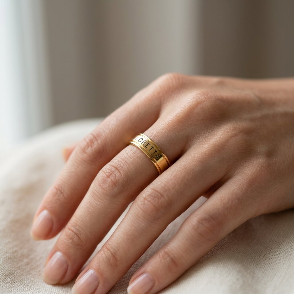 Woman wearing personalised band ring with engraved name, minimalist jewelry lifestyle image