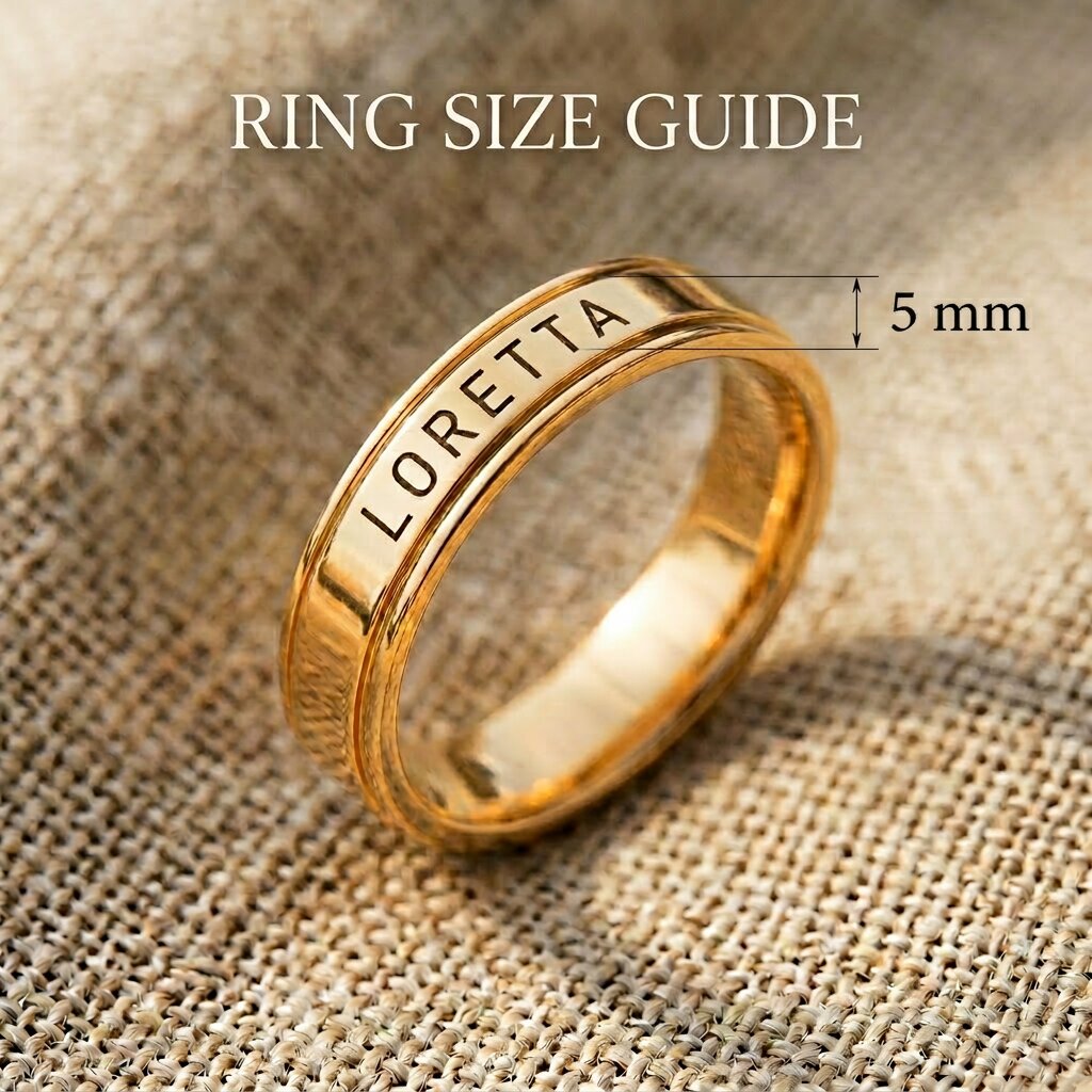 Personalised band ring size guide showing ring width and engraving detail for accurate sizing