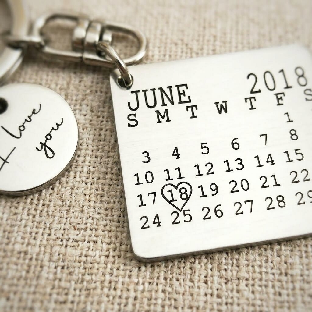 Close up of personalised calendar keyring showing engraved date calendar detail