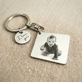 Personalised calendar keyring showing photo and engraving customization options