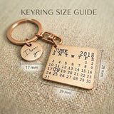 Size guide showing dimensions of personalised calendar keyring with engraved square tag and round disc charm
