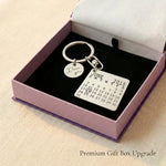 Personalised calendar keyring presented in elegant jewelry gift box packaging