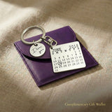 Personalised calendar keyring displayed with elegant gift wallet packaging