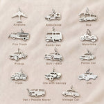 Personalized transport-themed charm collection for keyrings featuring vehicle and adventure-inspired keepsakes