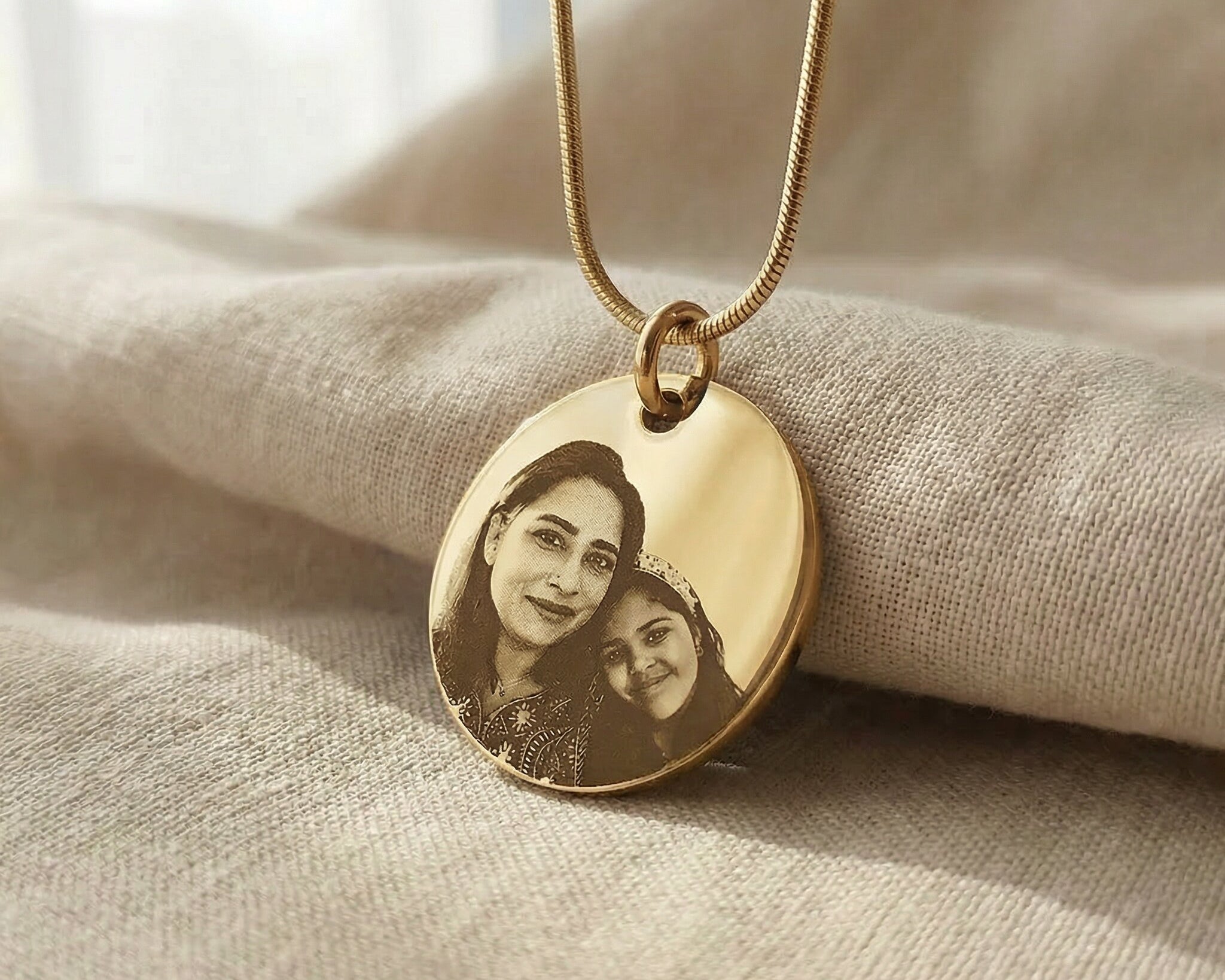 Personalised Disc Pendant in gold with custom photo engraving, classic keepsake jewelry piece