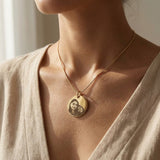 Woman wearing Personalised Disc Pendant necklace with photo engraving, meaningful jewelry lifestyle image