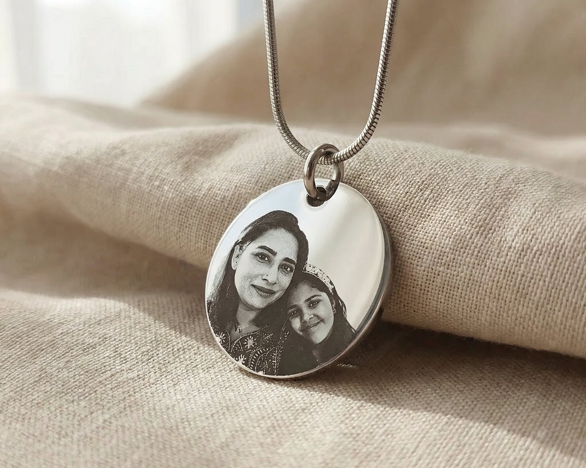 Personalised Disc Pendant in silver with custom photo engraving, minimalist photo jewelry