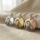 Personalised Disc Pendant tone comparison showing gold, silver and rose gold photo engraved pendants