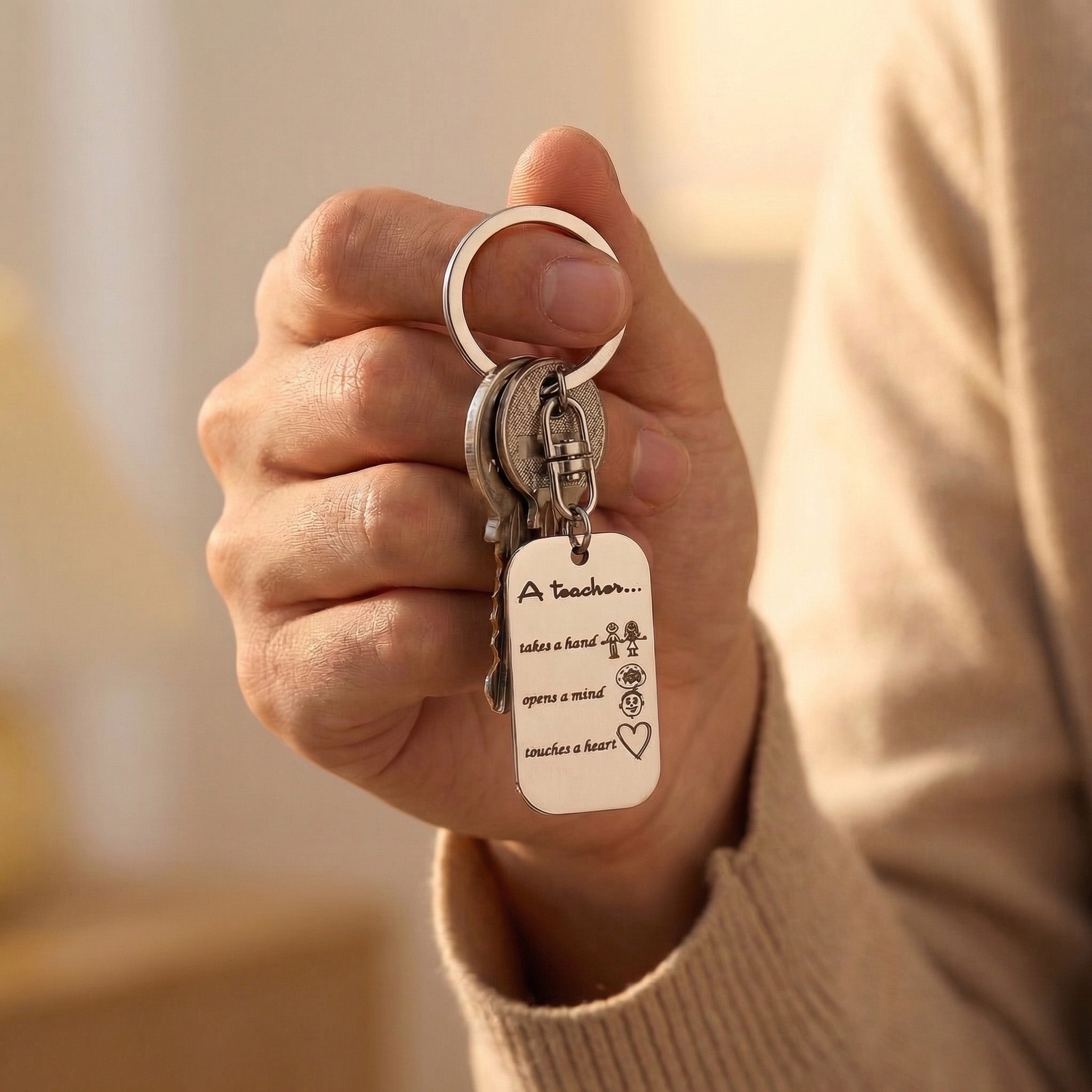 Hand holding personalised dog tag keyring with engraved message, everyday keepsake use