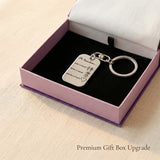 Personalised dog tag keyring in premium gift box, engraved jewellery gift presentation