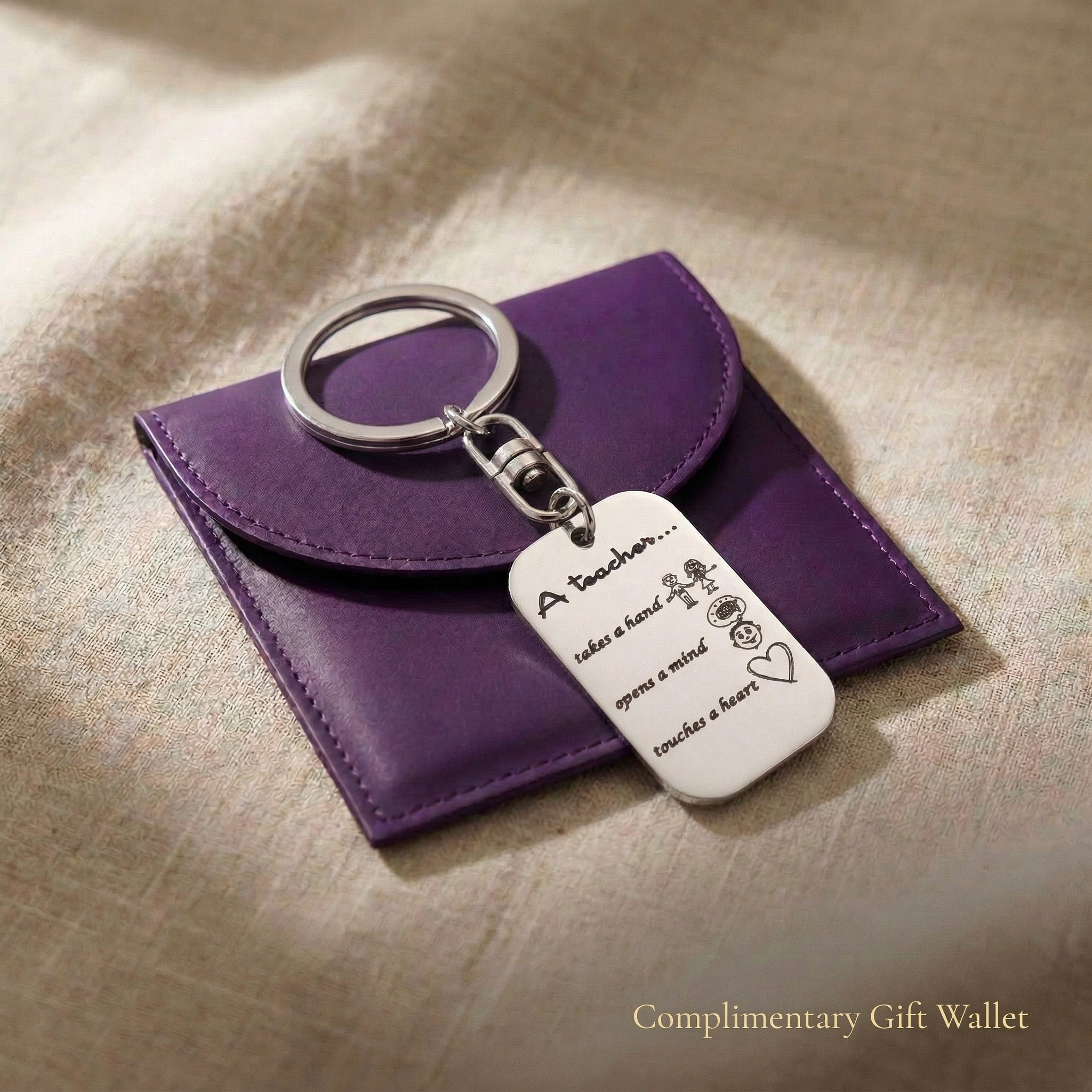 Personalised dog tag keyring displayed with gift wallet packaging, meaningful keepsake gift